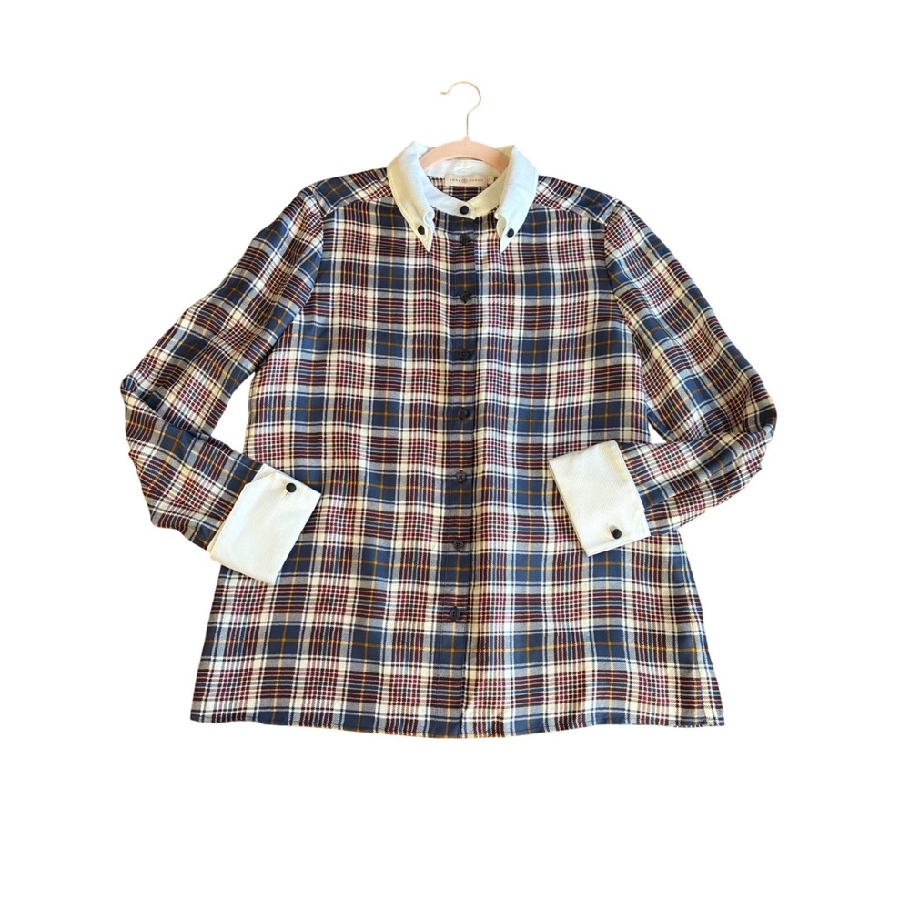Tory Burch Womens Silk Plaid Button Down Blouse Blue Burgundy Contrast Collar 6
